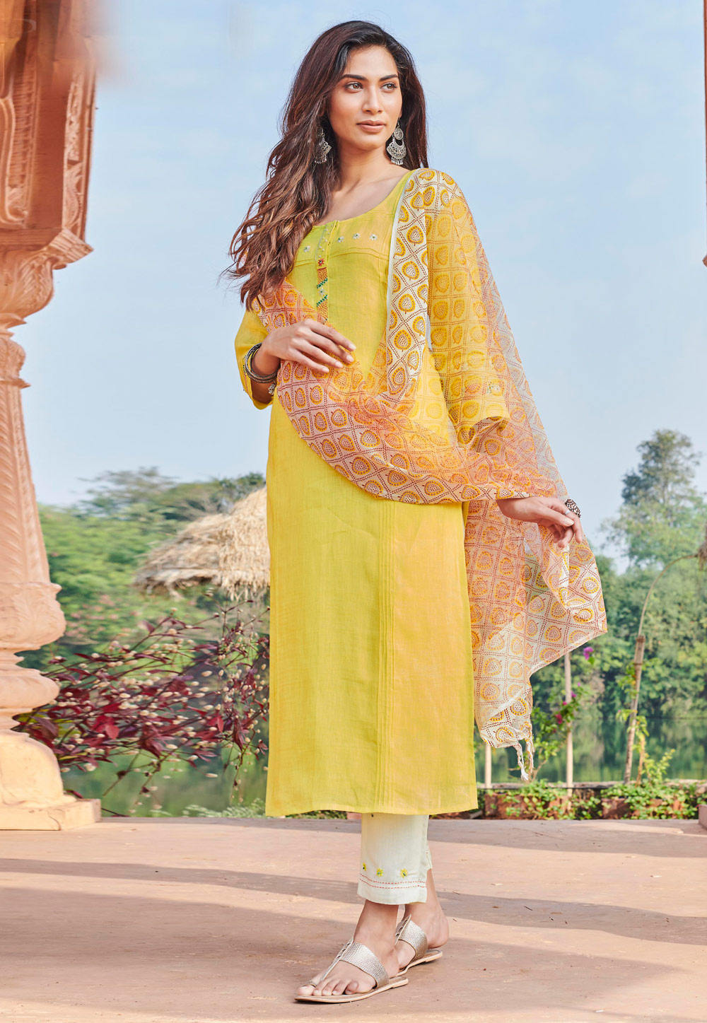 Yellow Linen Readymade Pant Style Suit 208529