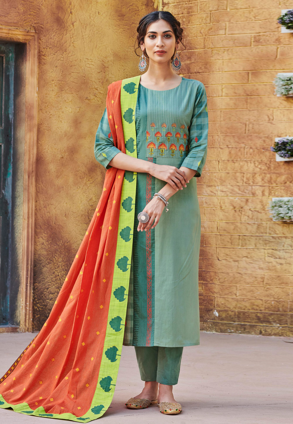 Shaded Green Cotton Readymade Kameez With Pant 208532