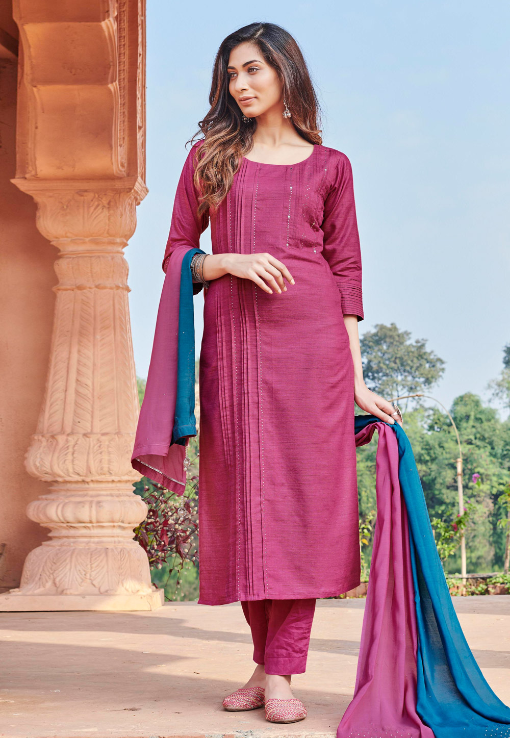 Pink Bhagalpuri Readymade Pant Style Suit 208535
