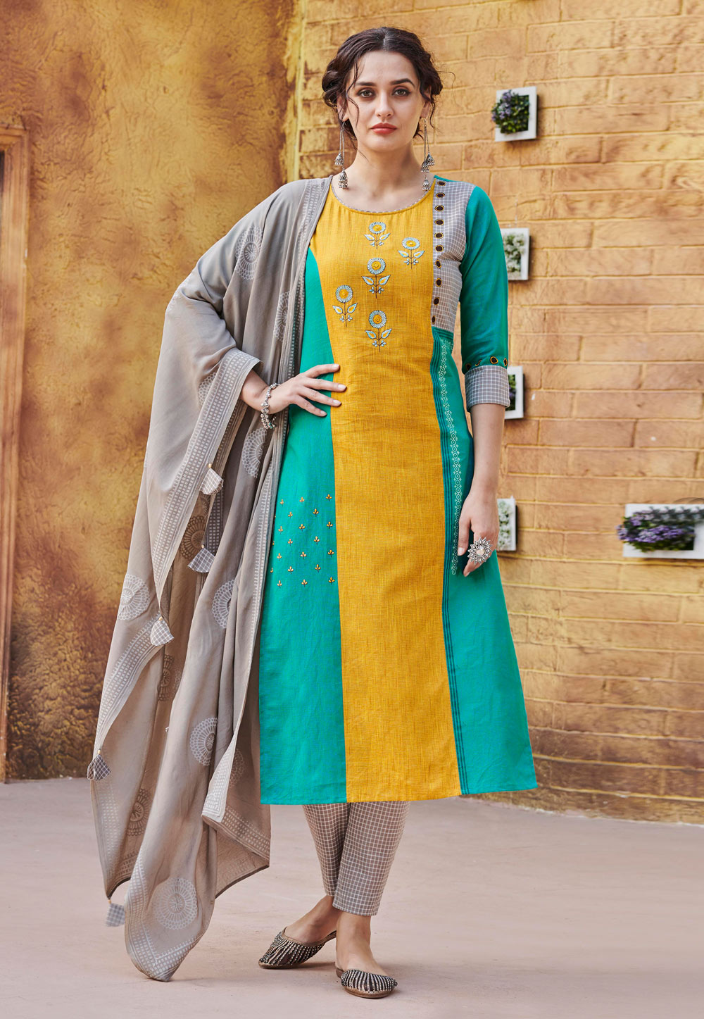 Yellow Cotton Readymade Pant Style Suit 208537