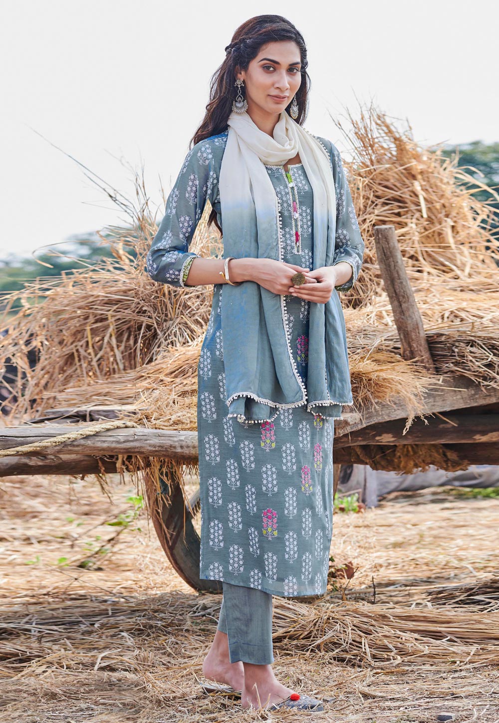 Grey Chanderi Readymade Pant Style Suit 208540