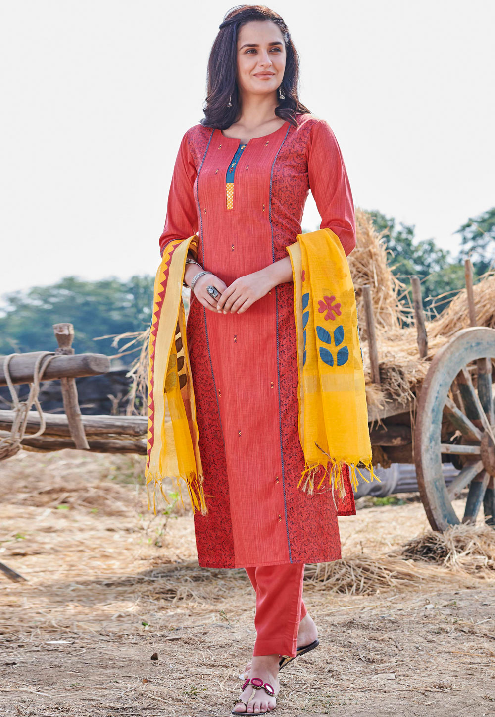 Red Bhagalpuri Readymade Pant Style Suit 208542