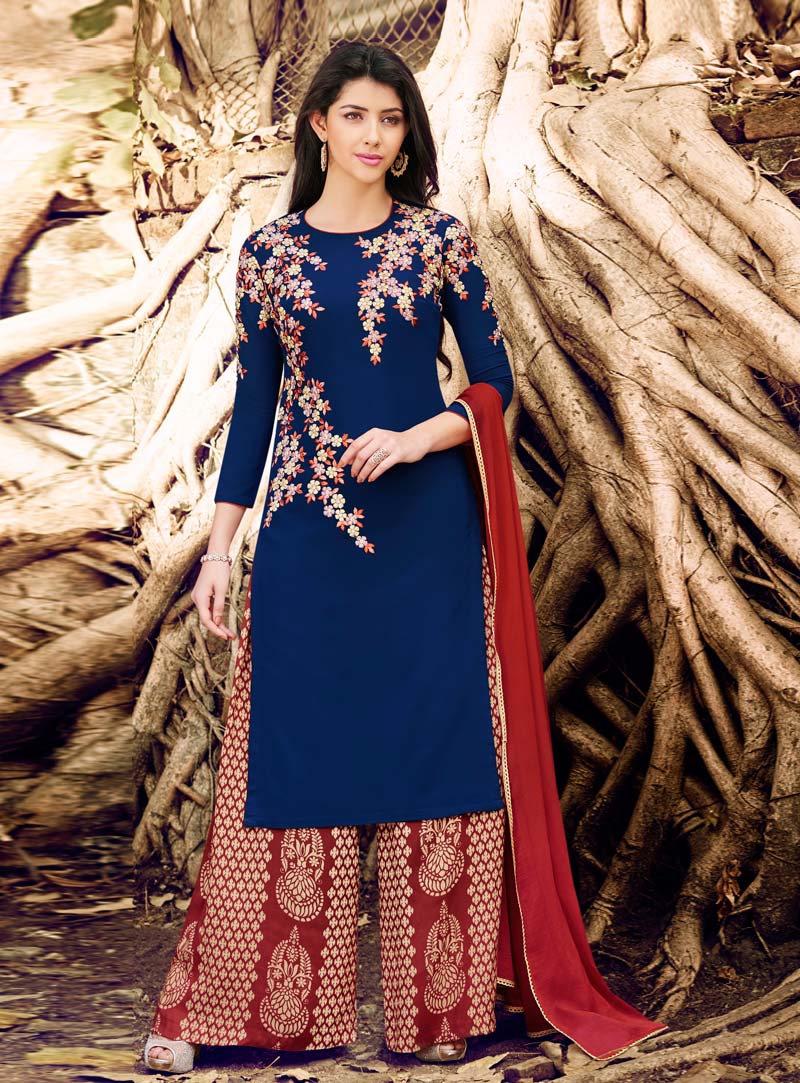 Navy Blue Georgette Palazzo Style Suit 88934