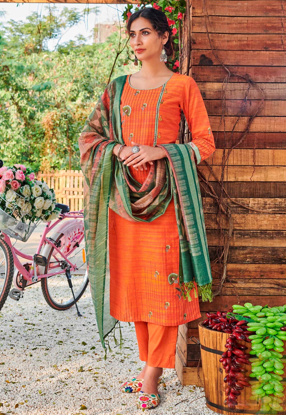 Orange Bhagalpuri Readymade Pant Style Suit 208546