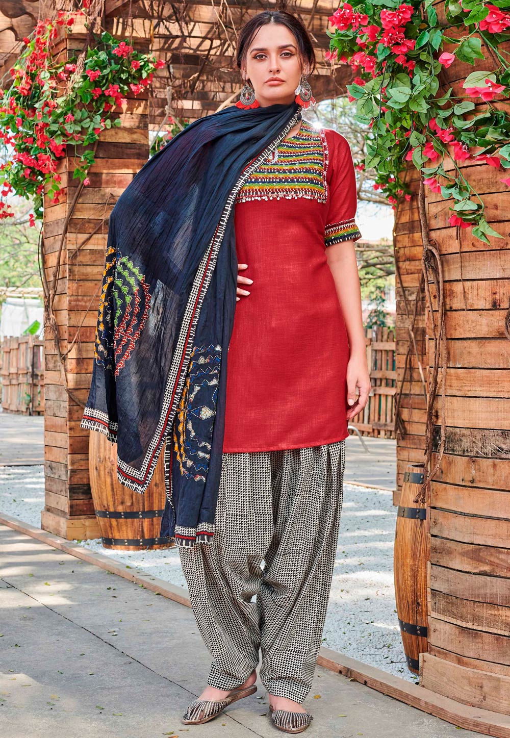 Red Linen Readymade Patiala Suit 208547