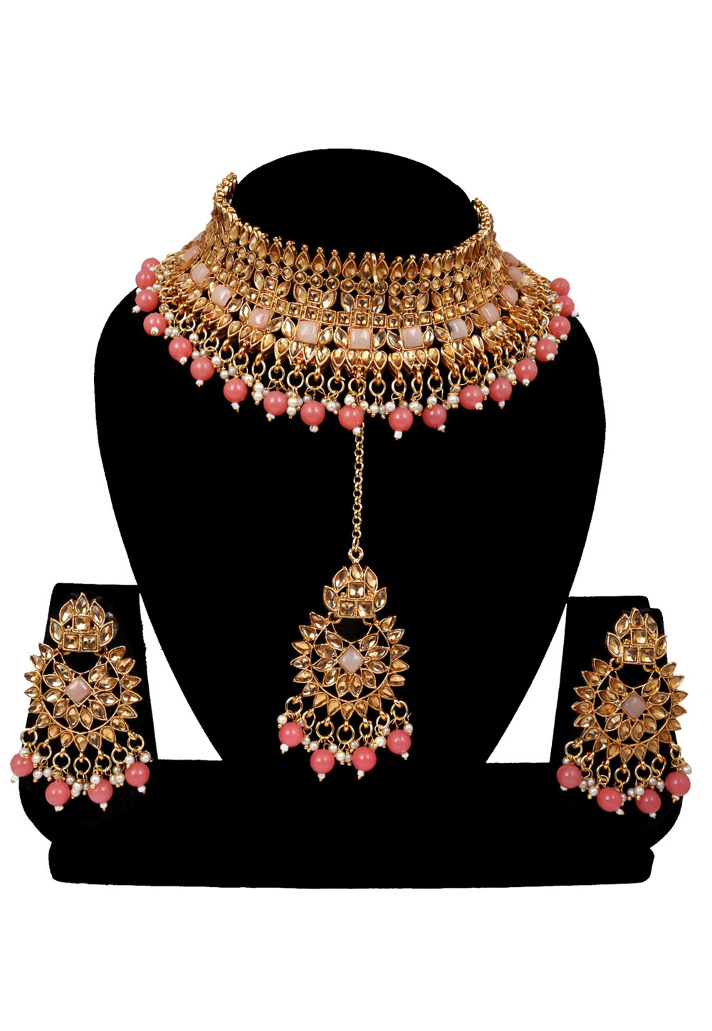Pink Alloy Austrian Diamonds and Kundan Necklace Set With Earrings and Maang Tikka 272613