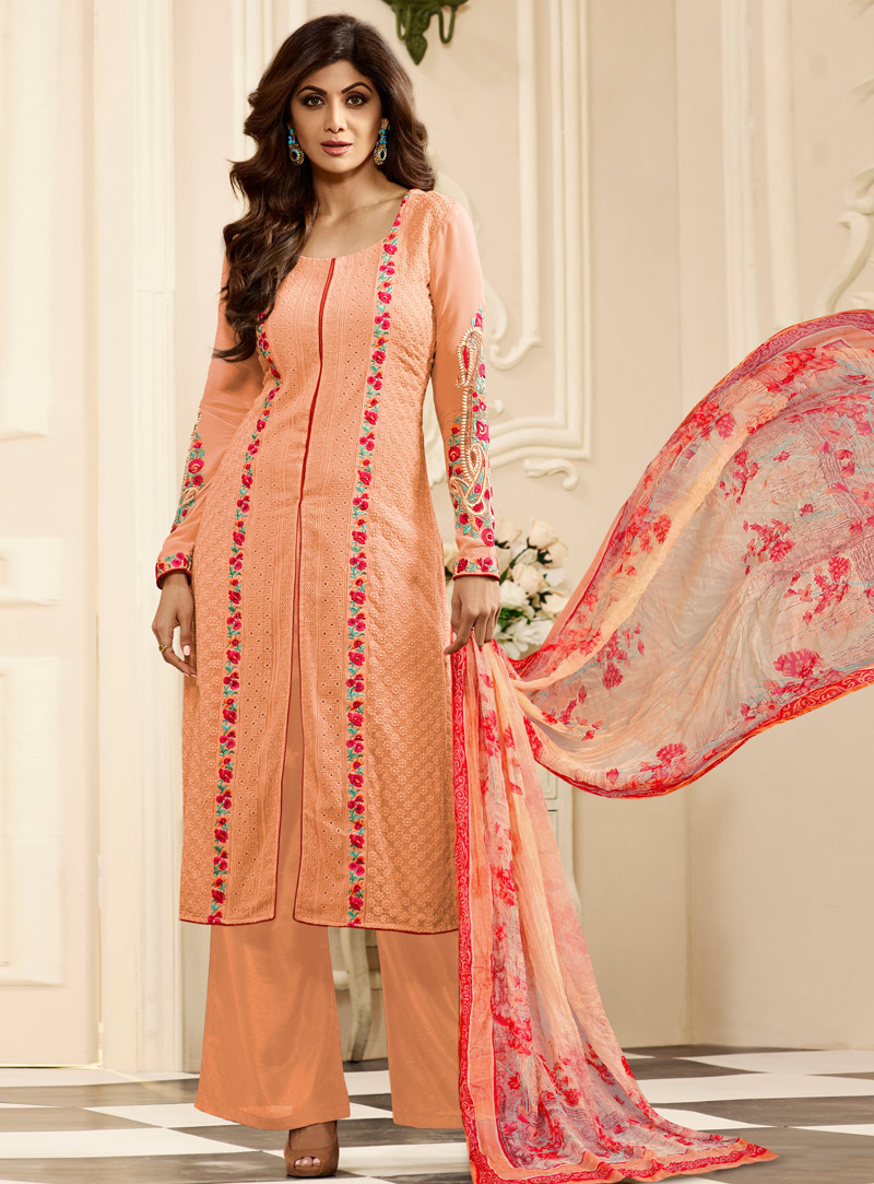 Shilpa Shetty Light Orange Georgette Palazzo Style Suit 101139