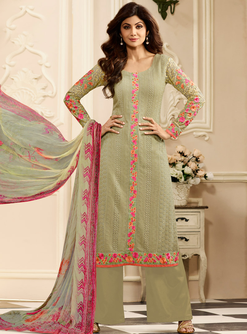 Shilpa Shetty Beige Georgette Palazzo Style Suit 101142