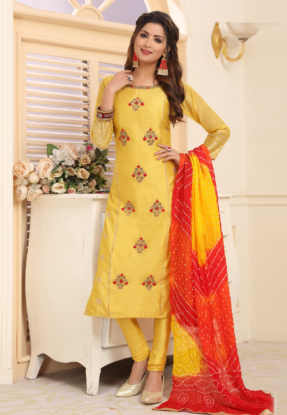 Yellow Chanderi Silk Readymade Churidar Suit 208587