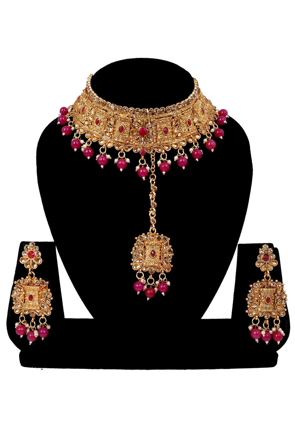 Magenta Alloy Austrian Diamonds and Kundan Necklace Set With Earrings and Maang Tikka 272614