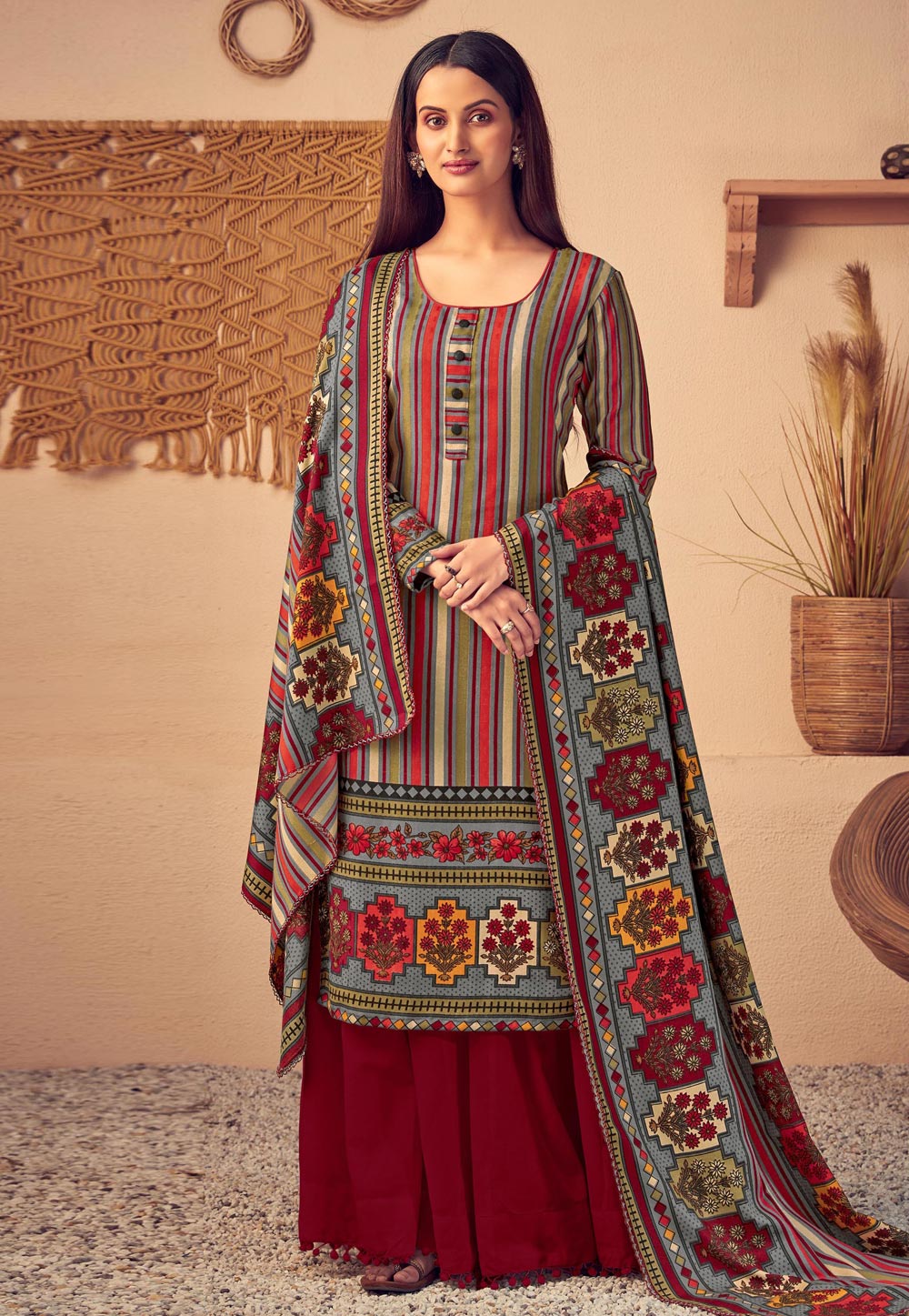 Olive Green Pashmina Printed Palazzo Suit 208723