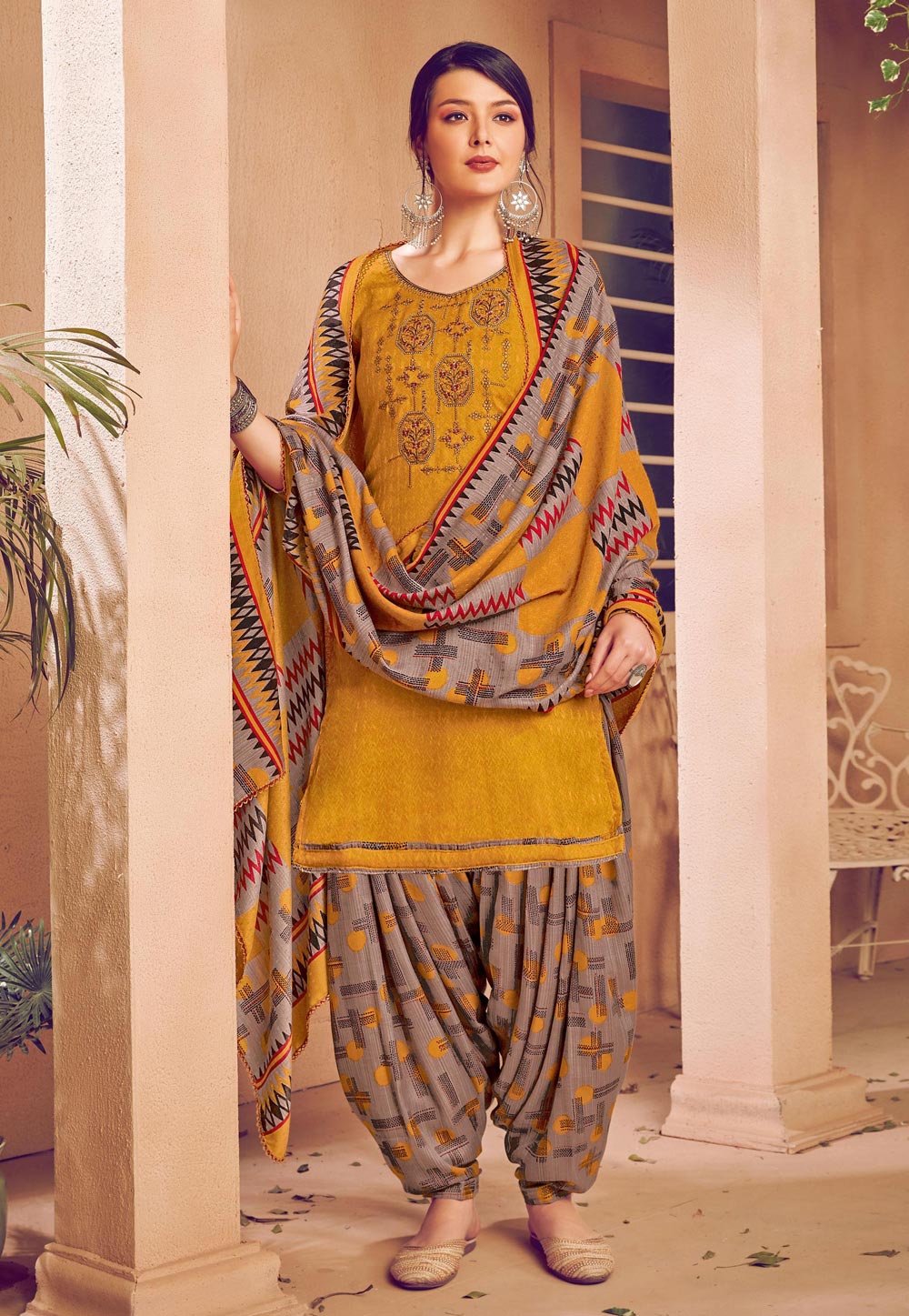 Yellow Pashmina Patiala Suit 208718