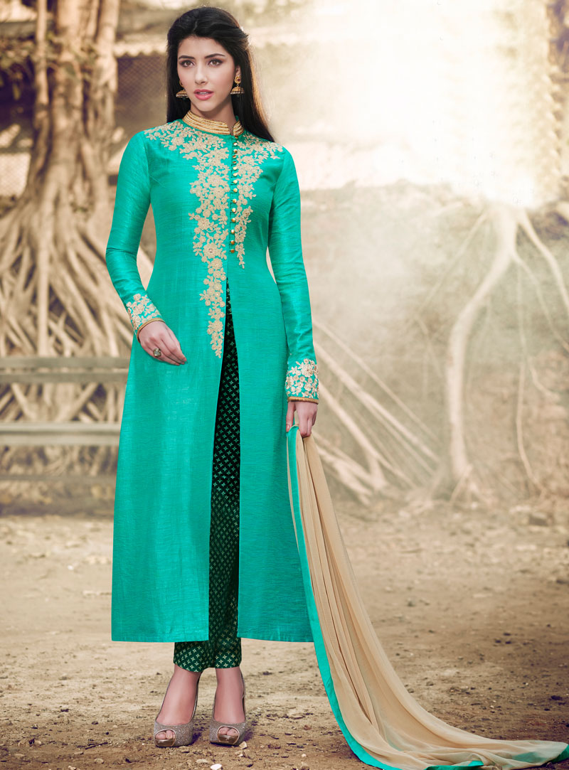 Turquoise Silk Pant Style Suit 88937
