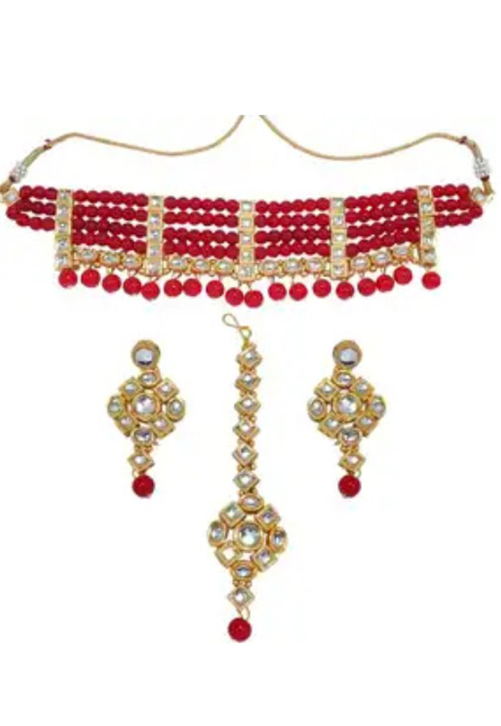 Red Alloy Austrian Diamond Necklace Set Earrings and Maang Tikka 198933