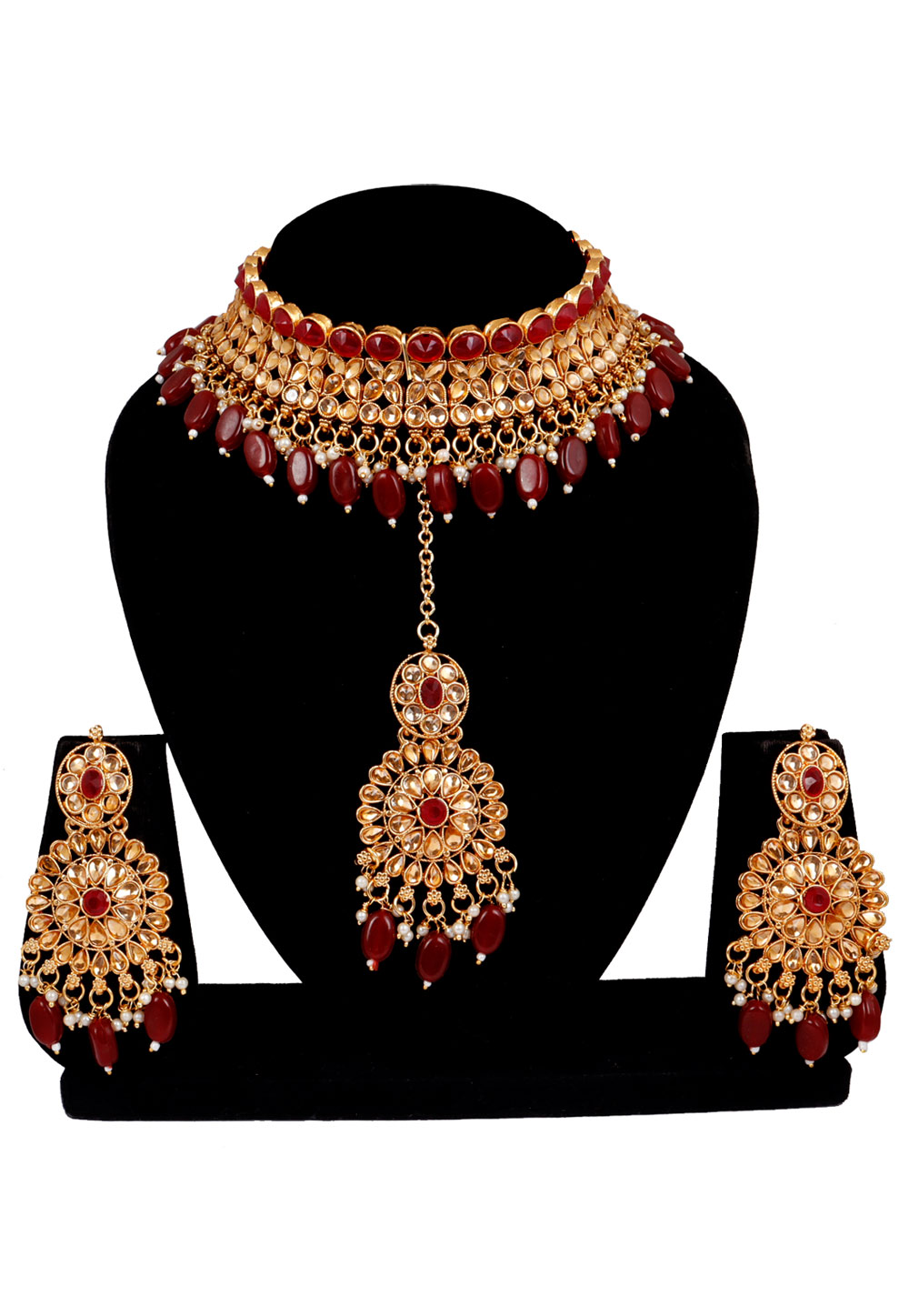 Maroon Alloy Austrian Diamonds and Kundan Necklace Set With Earrings and Maang Tikka 272615