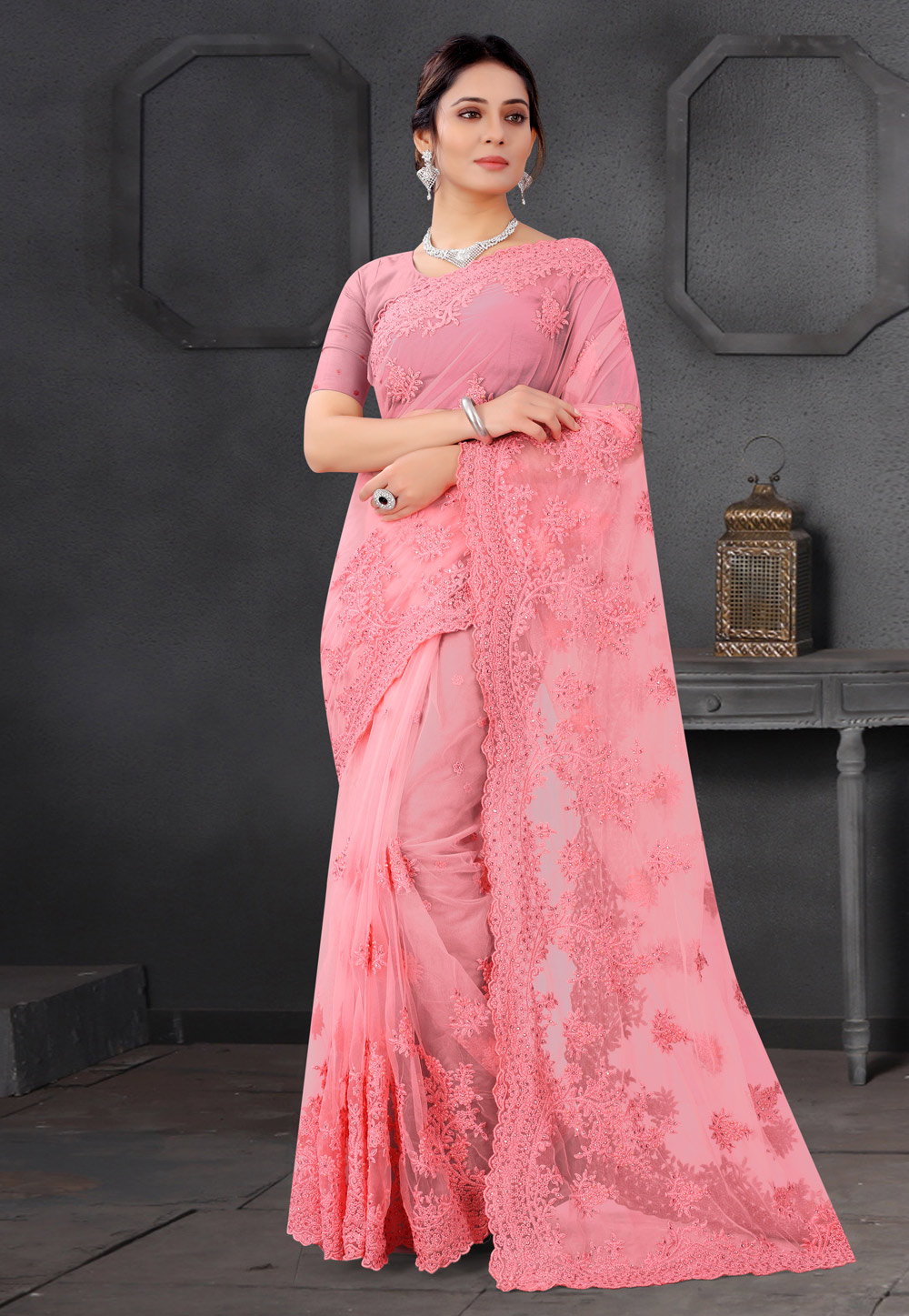 Pink Net Festival Wear Saree 234282