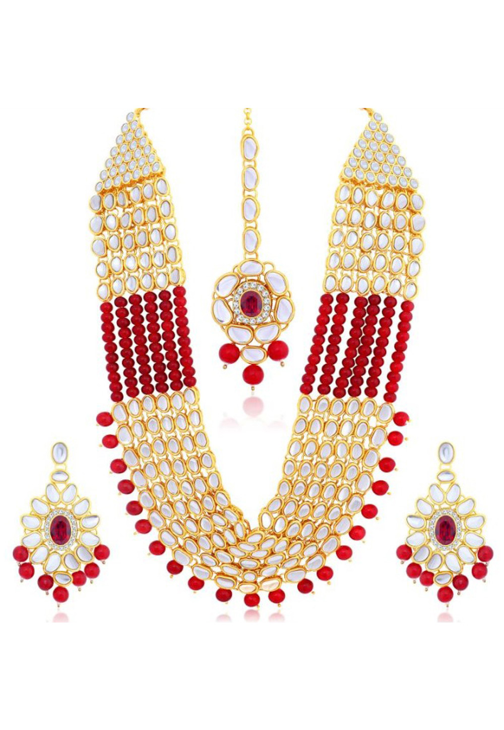 Red Alloy Austrian Diamond Necklace Set Earrings and Maang Tikka 198935