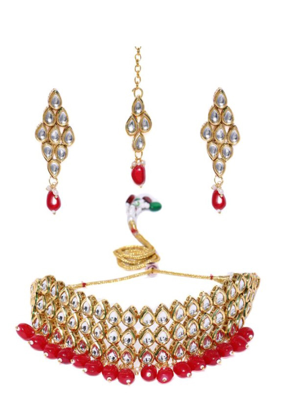 Red Alloy Austrian Diamond Necklace Set Earrings and Maang Tikka 198936