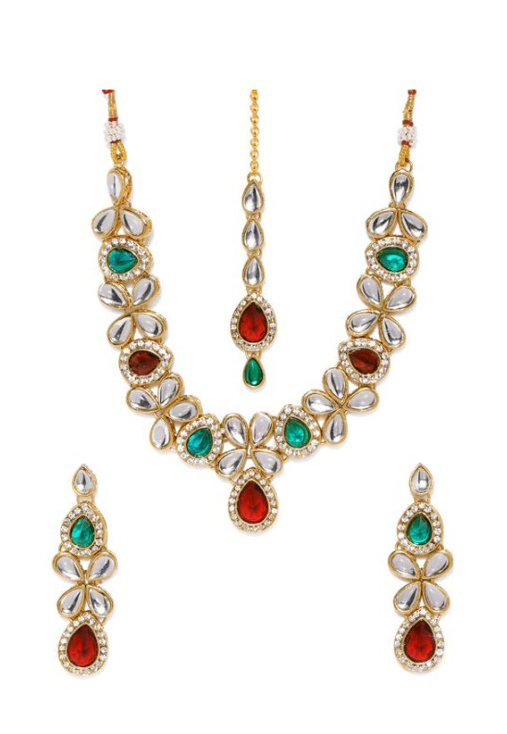 Red Alloy Austrian Diamond Necklace Set Earrings and Maang Tikka 198937