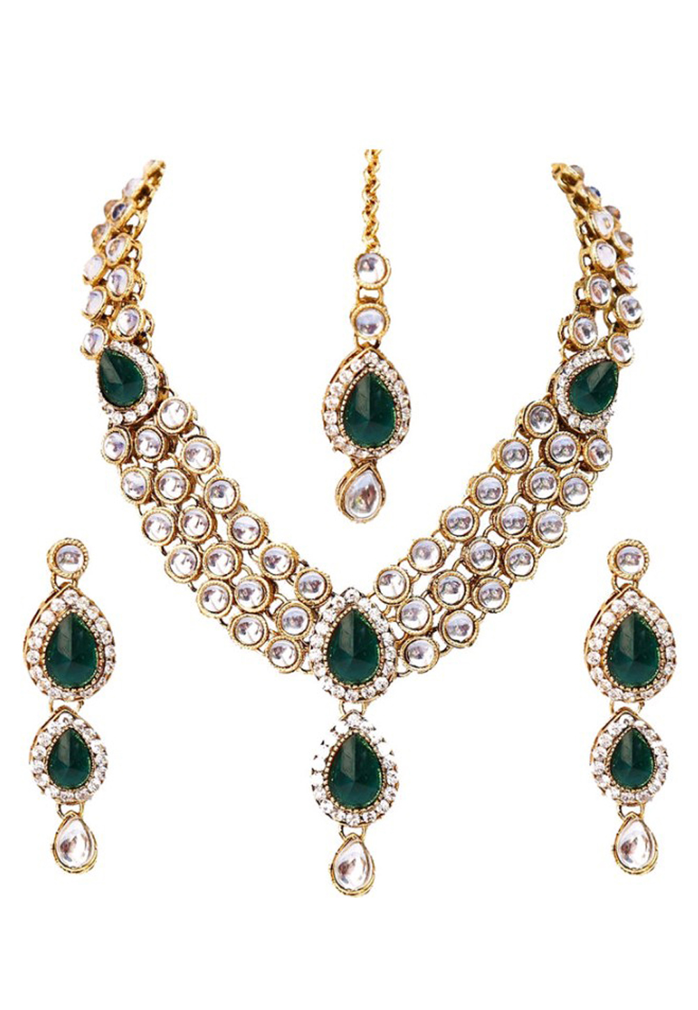 Green Alloy Austrian Diamond Necklace Set Earrings and Maang Tikka 198938