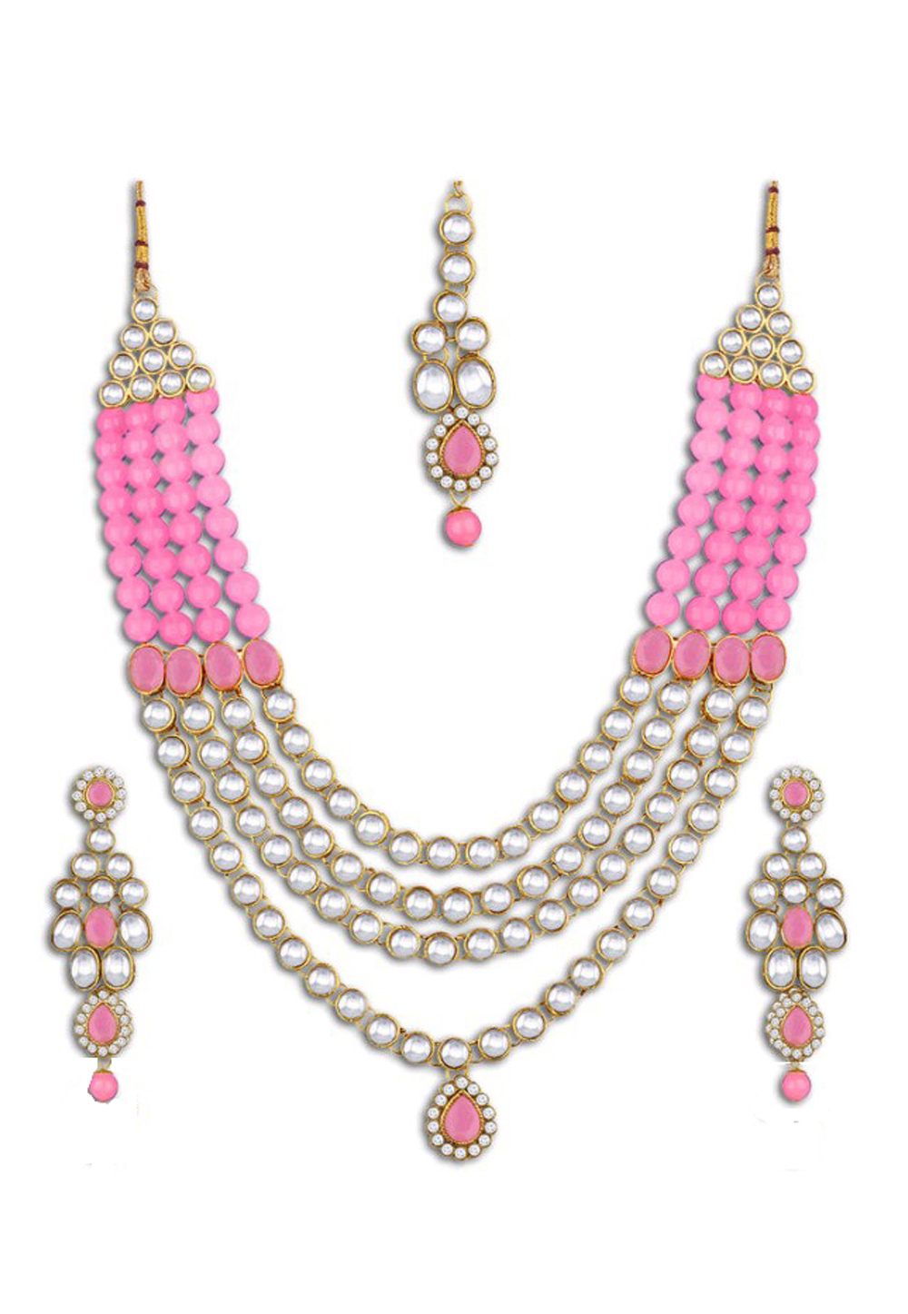 Light Pink Alloy Austrian Diamond Necklace Set Earrings and Maang Tikka 198940