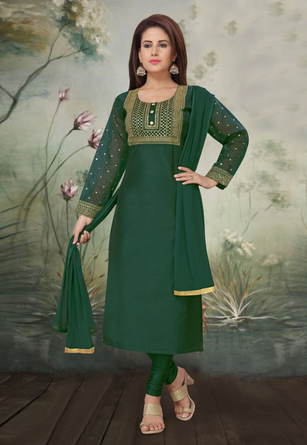 Green Chanderi Silk Churidar Salwar Kameez 208946