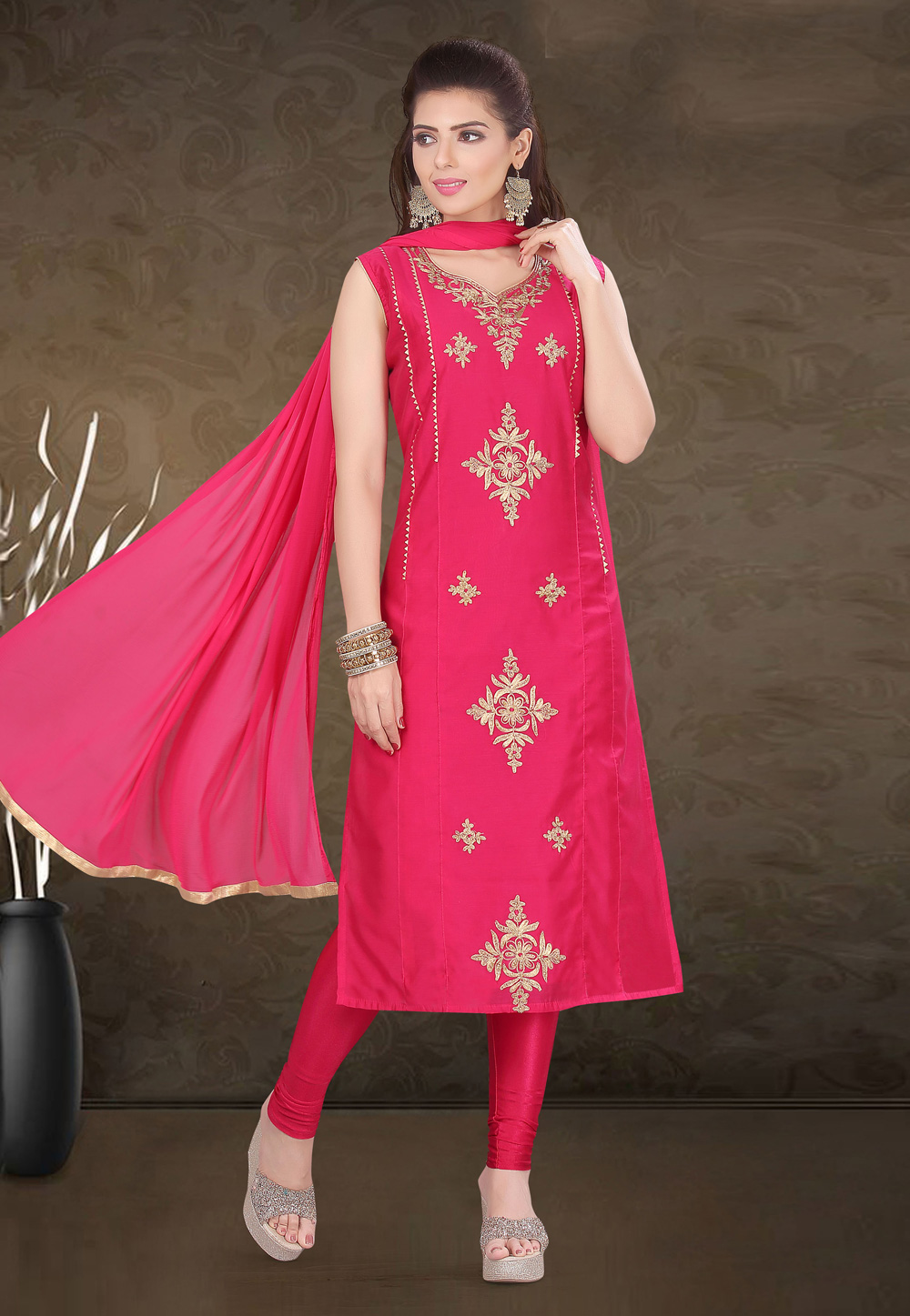 Pink Chanderi Silk Churidar Suit 208947