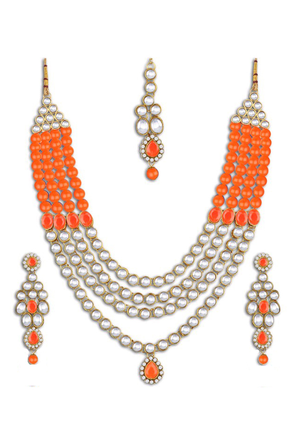 Orange Alloy Austrian Diamond Necklace Set Earrings and Maang Tikka 198941