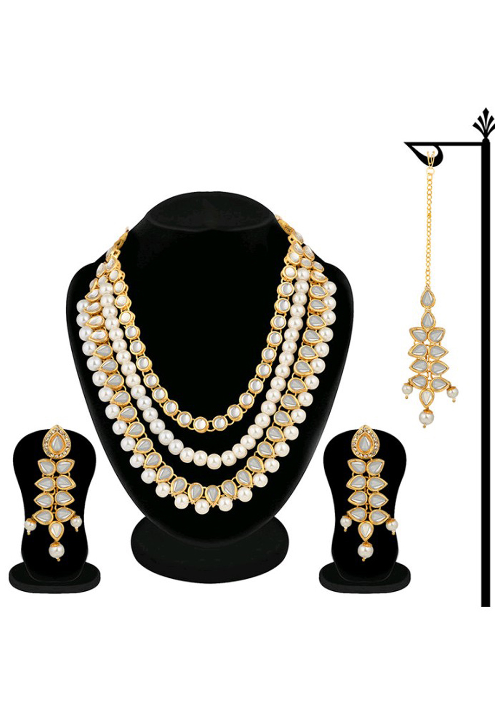 White Alloy Austrian Diamond Necklace Set Earrings and Maang Tikka 198942