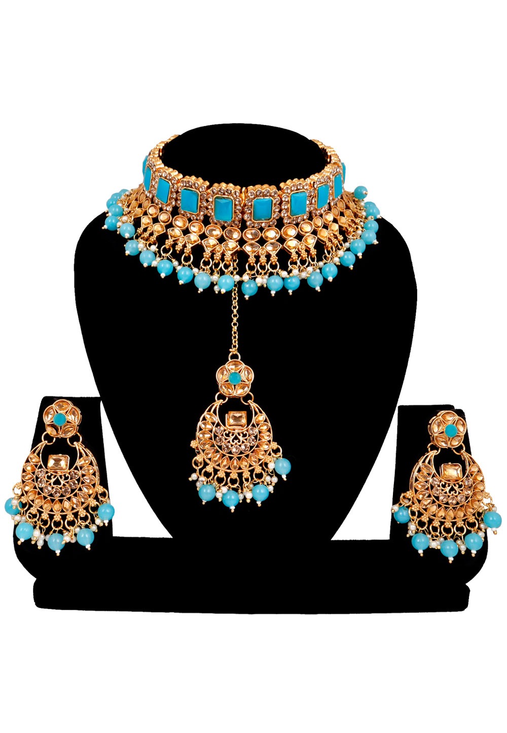 Sky Blue Alloy Austrian Diamonds and Kundan Necklace Set With Earrings and Maang Tikka 272616