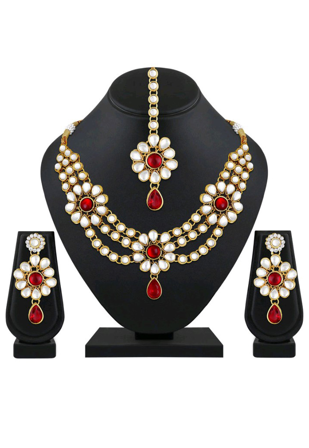 Red Alloy Austrian Diamond Necklace Set Earrings and Maang Tikka 198944