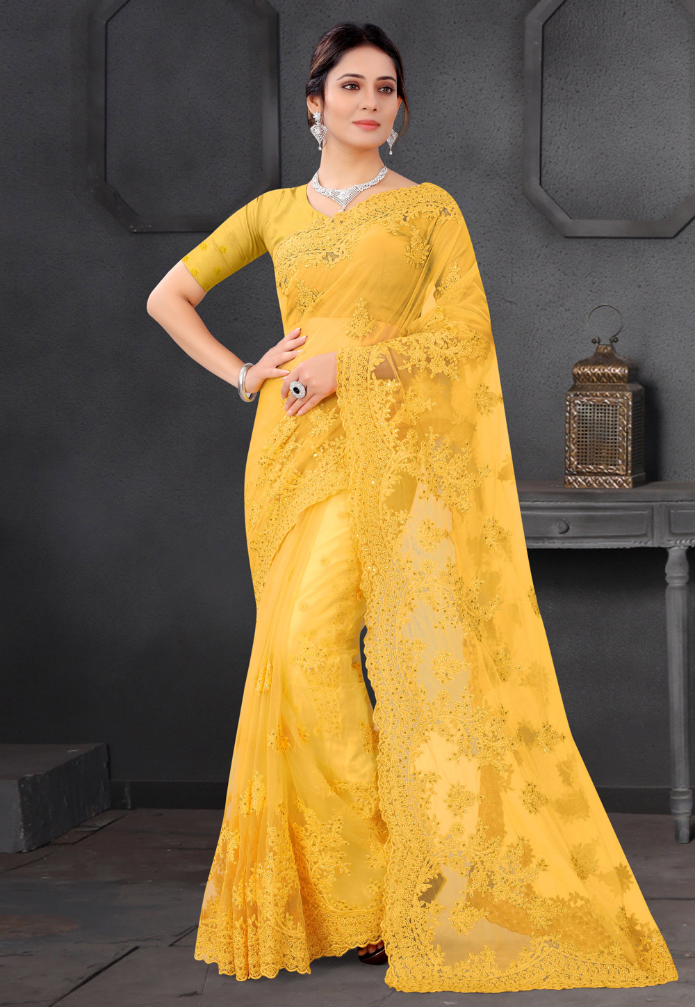 Yellow Net Saree With Blouse 234283