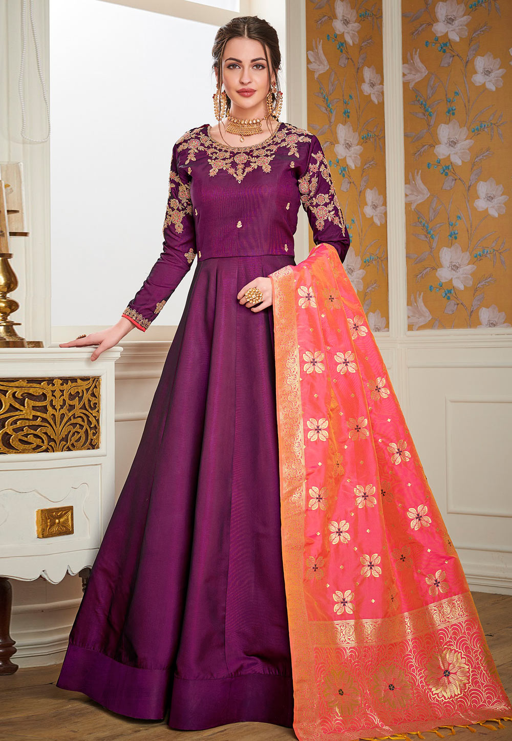 Purple Silk Readymade Long Anarkali Suit 156627