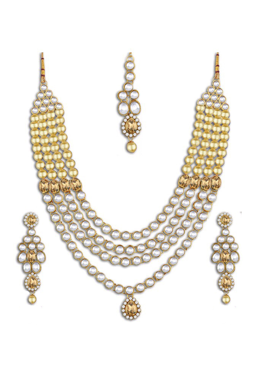 Golden Alloy Austrian Diamond Necklace Set Earrings and Maang Tikka 198946