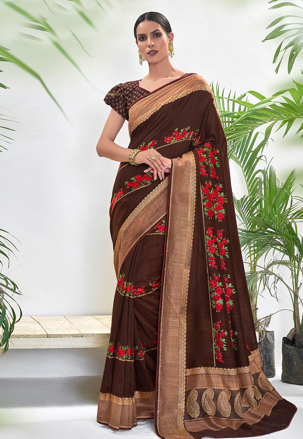 Brown Chanderi Silk Saree With Blouse 208999