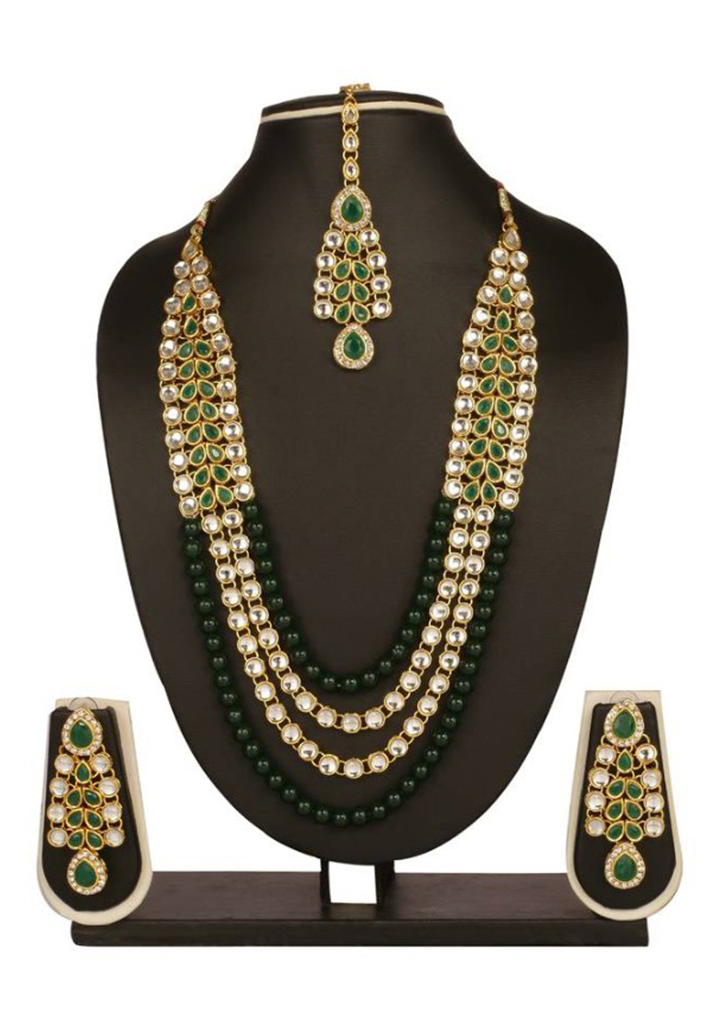Green Alloy Austrian Diamond Necklace Set Earrings and Maang Tikka 198947