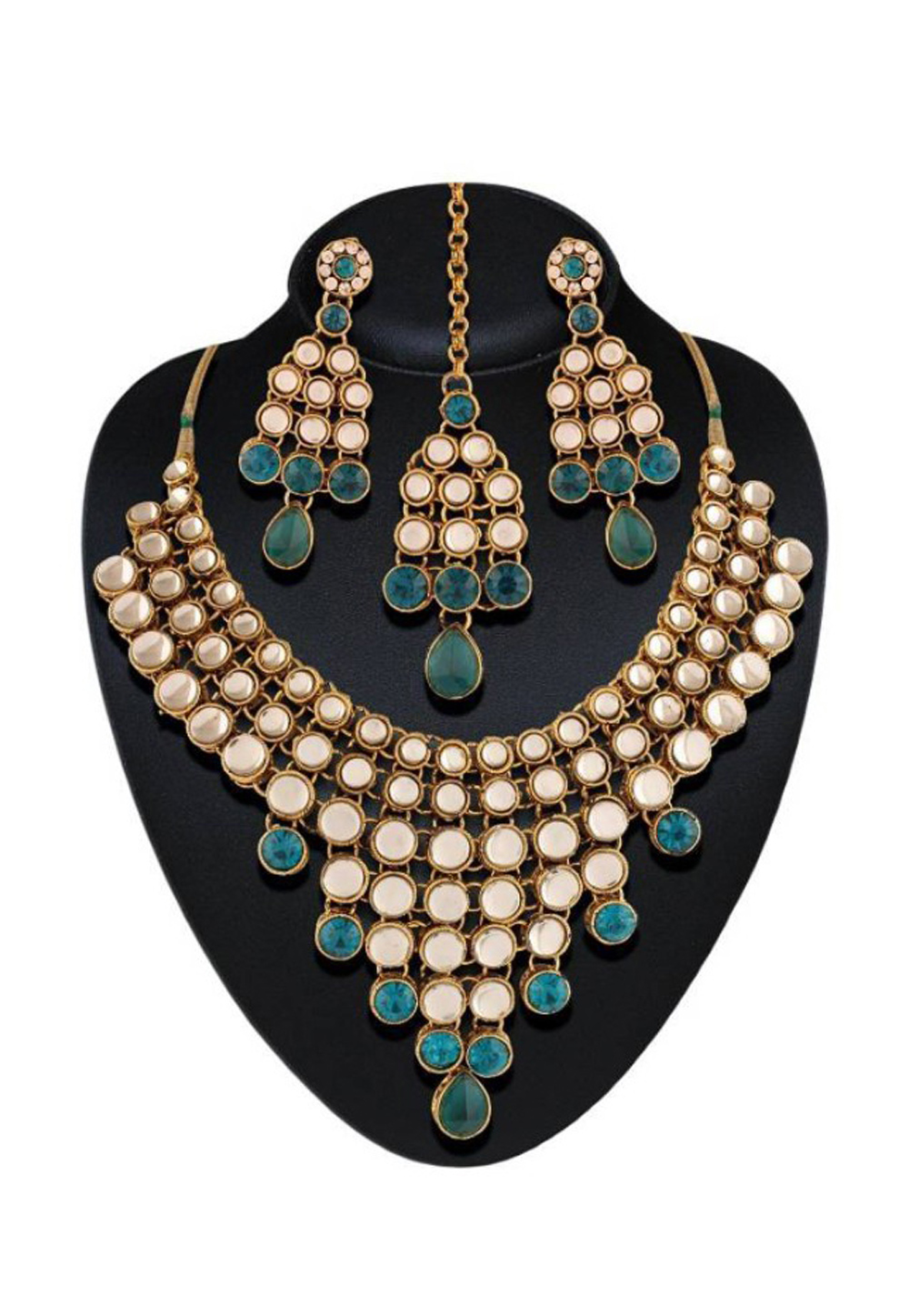 Blue Alloy Austrian Diamond Necklace Set Earrings and Maang Tikka 198948