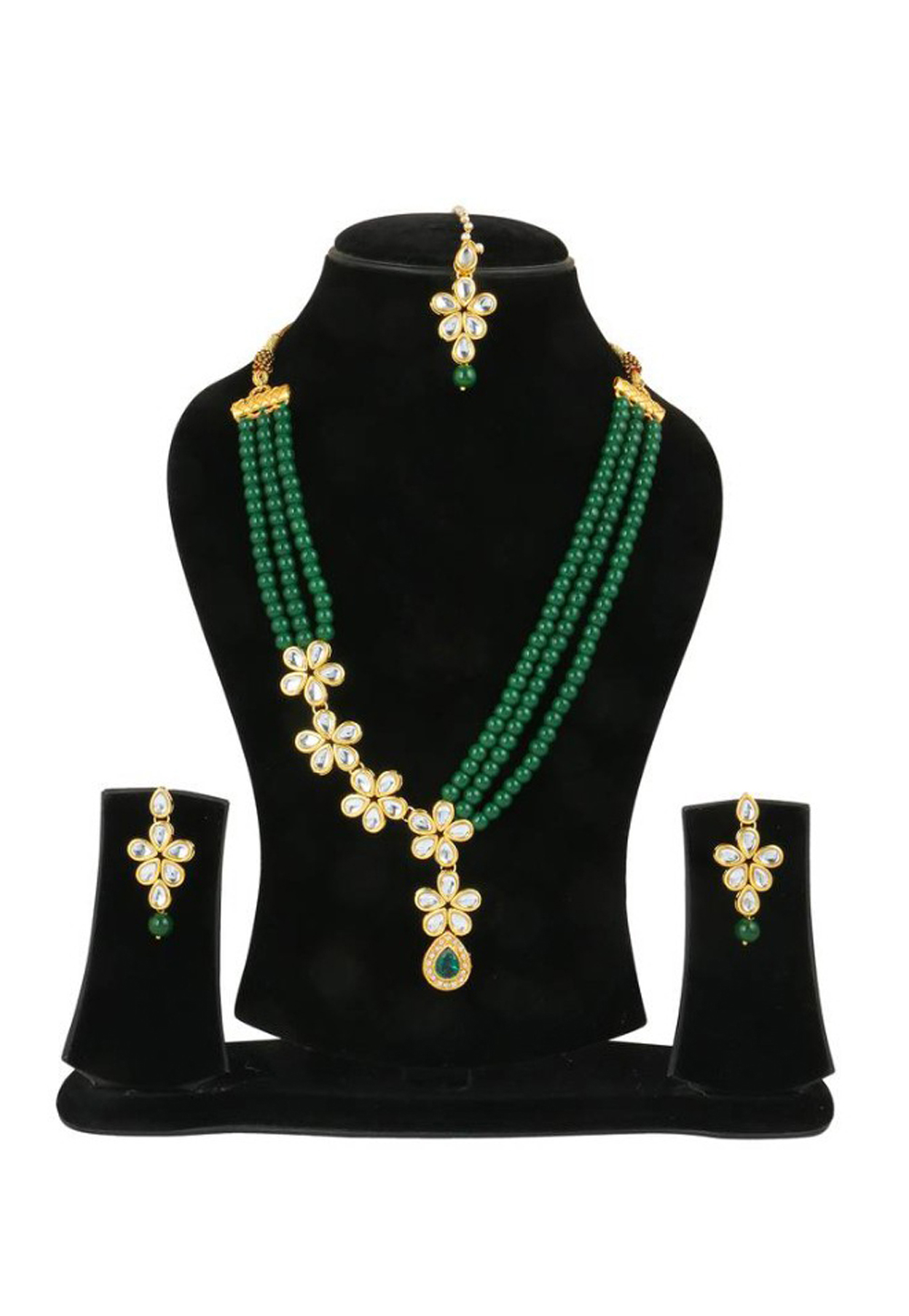 Green Alloy Austrian Diamond Necklace Set Earrings and Maang Tikka 198949
