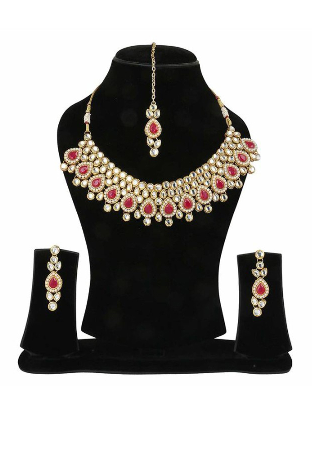 Red Alloy Austrian Diamond Necklace Set Earrings and Maang Tikka 198950