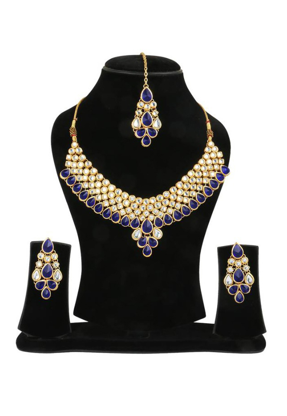 Blue Alloy Austrian Diamond Necklace Set Earrings and Maang Tikka 198951
