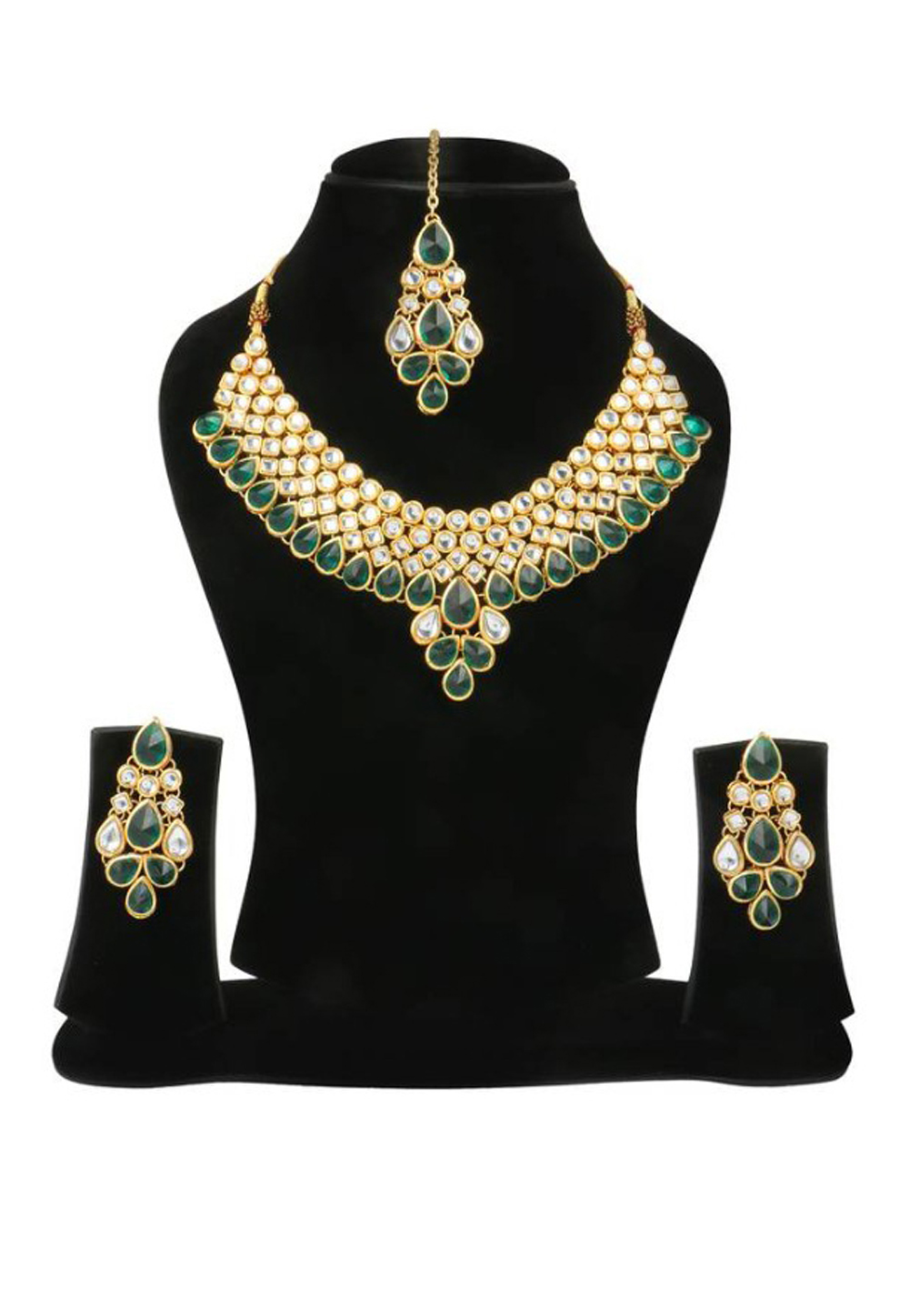 Green Alloy Austrian Diamond Necklace Set Earrings and Maang Tikka 198952