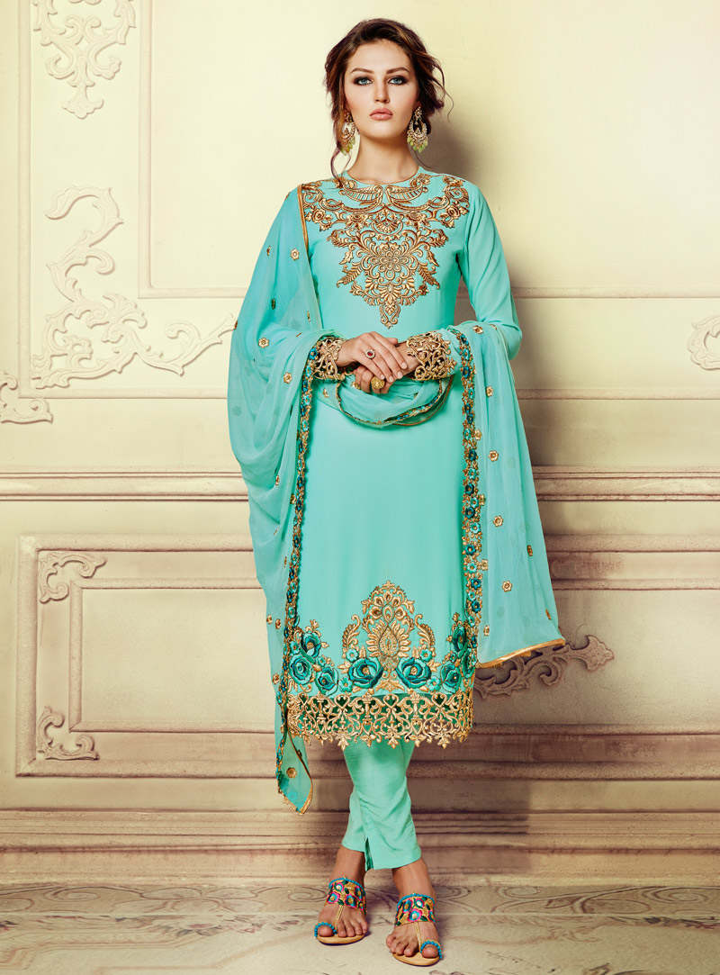 Turquoise Georgette Straight Cut Salwar Suit 124389