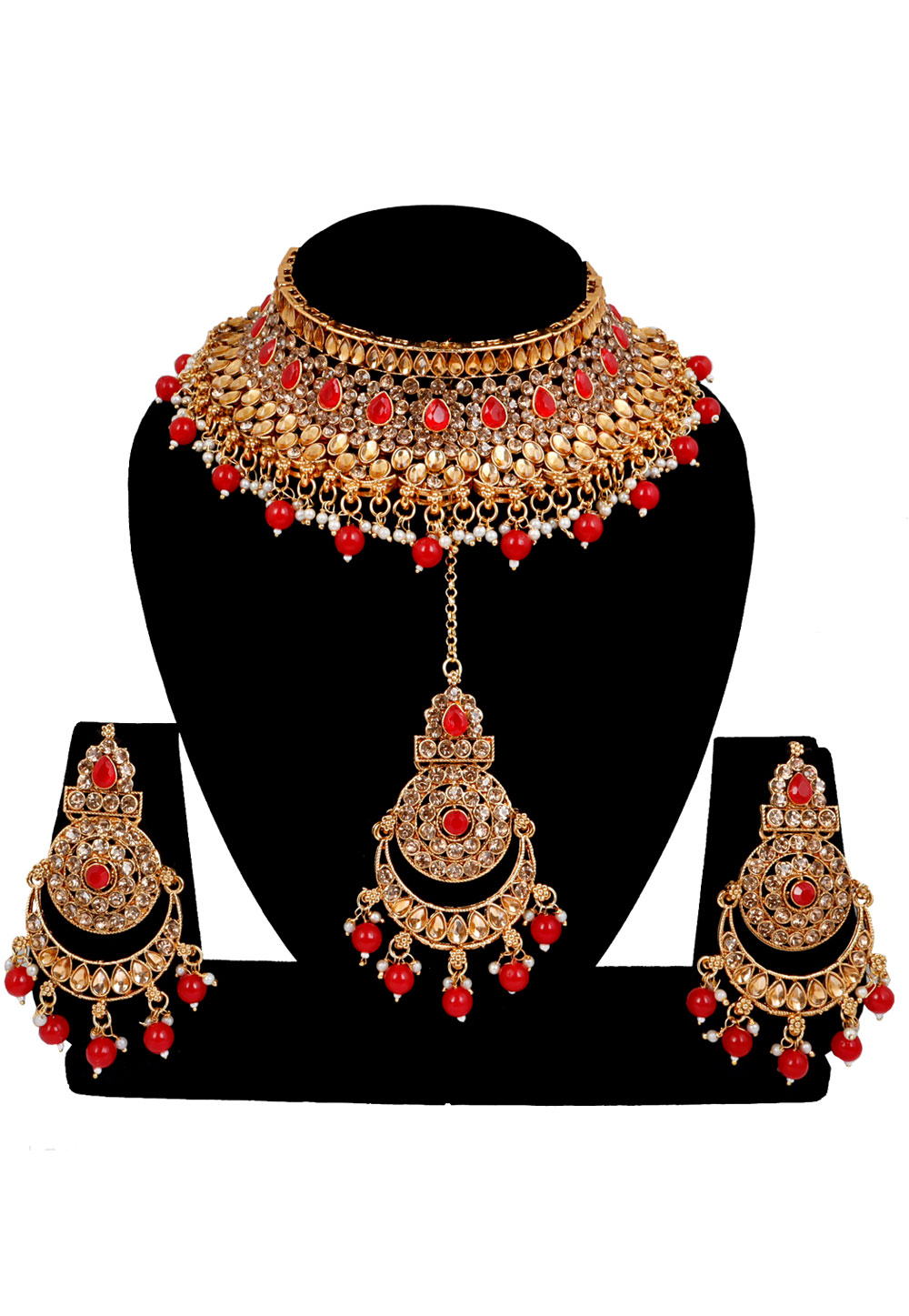 Red Alloy Austrian Diamonds and Kundan Necklace Set With Earrings and Maang Tikka 272617