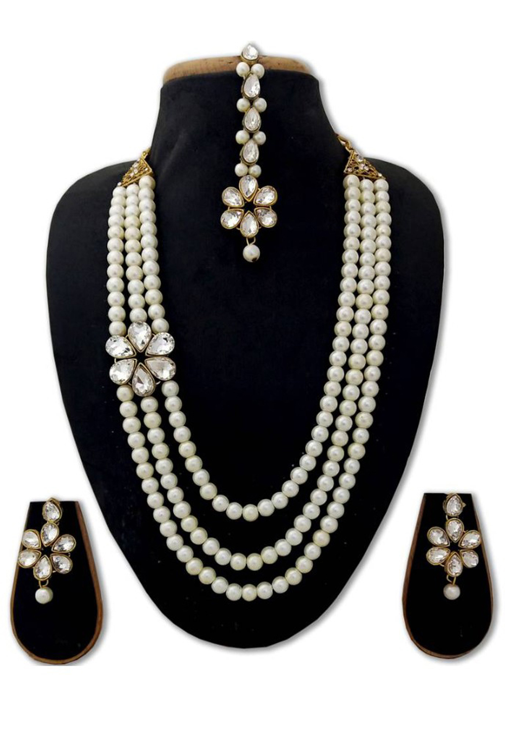 White Alloy Austrian Diamond Necklace Set Earrings and Maang Tikka 198954