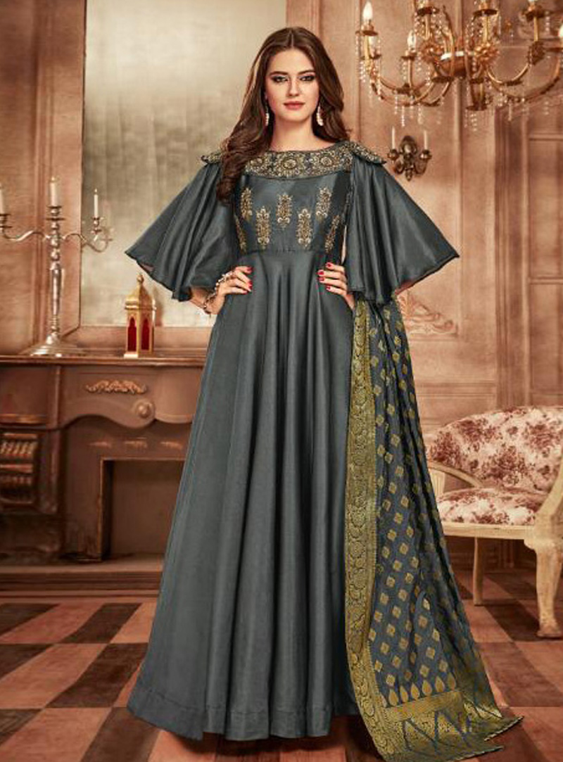 Grey Taffeta Abaya Style Anarkali Suit 149431