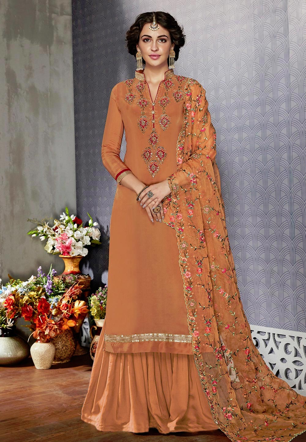 Orange Faux Georgette Palazzo Suit 154667