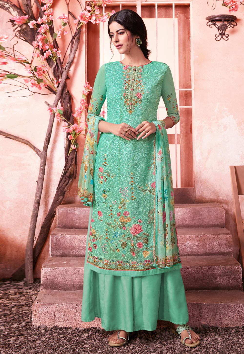 Sea Green Georgette Kameez With Palazzo 211456