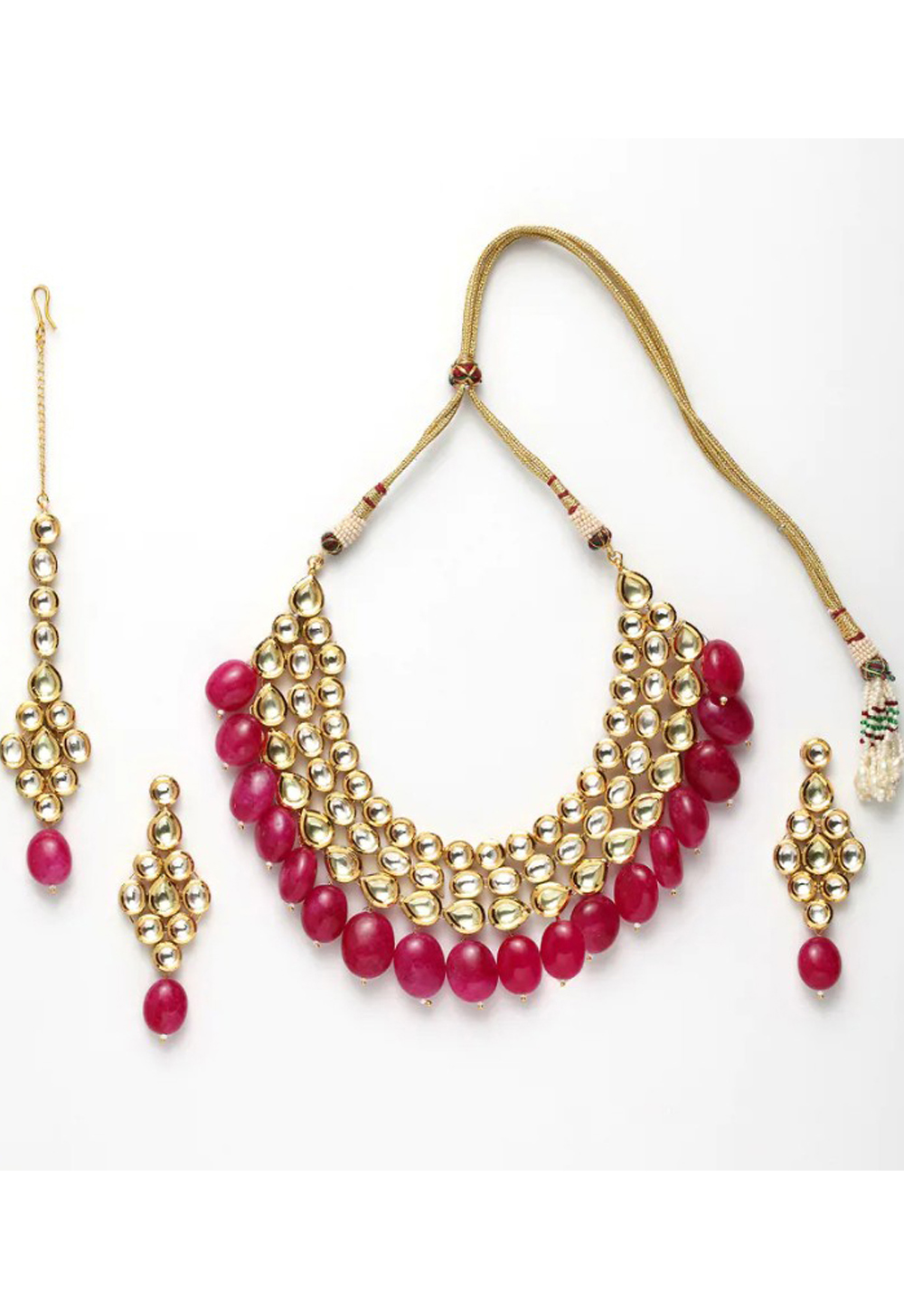 Pink Alloy Austrian Diamond Necklace Set Earrings and Maang Tikka 198956