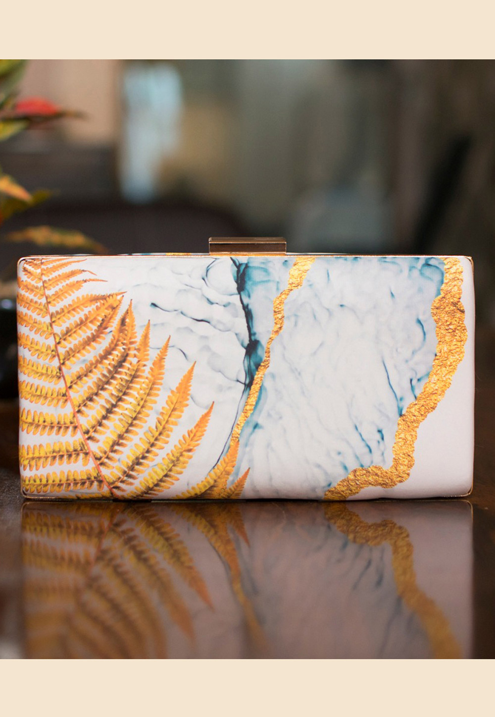 Off White Satin Printed Clutch 209137