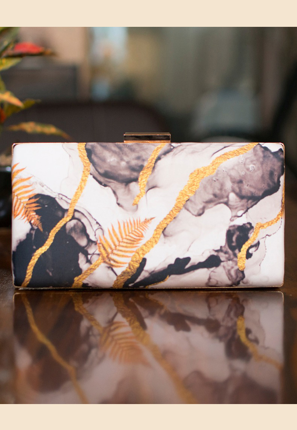 Off White Satin Printed Clutch 209139